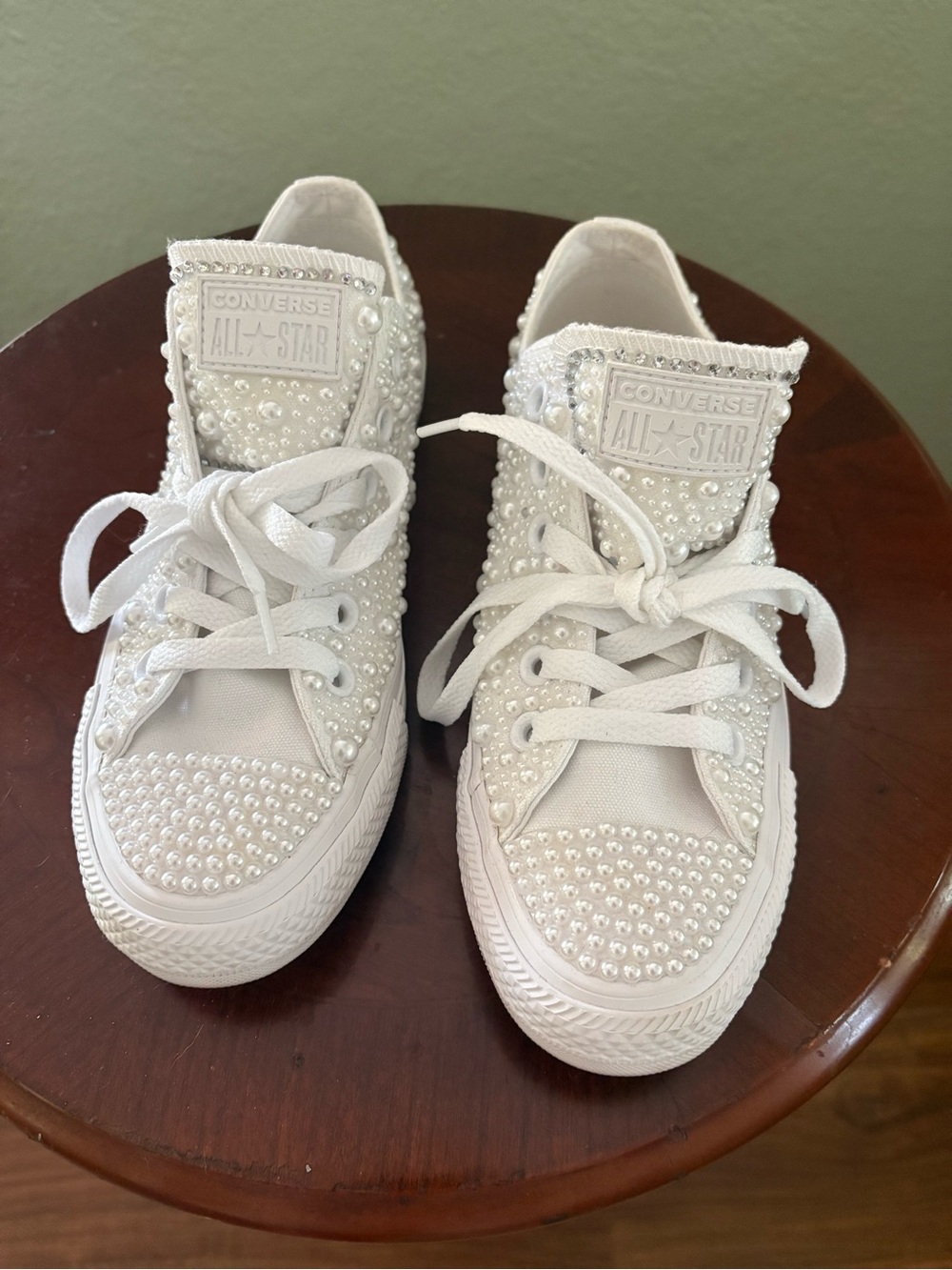 Converse White Pearl-Embellished Low Top Sneakers